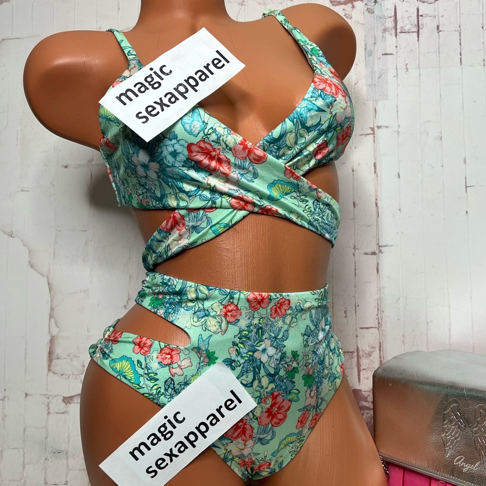 VS SWIM 2 PC LOGO M L WRAP LONGLINE BIKINI TOP L XL HIGH-WAIST BOTTOMS FLORAL